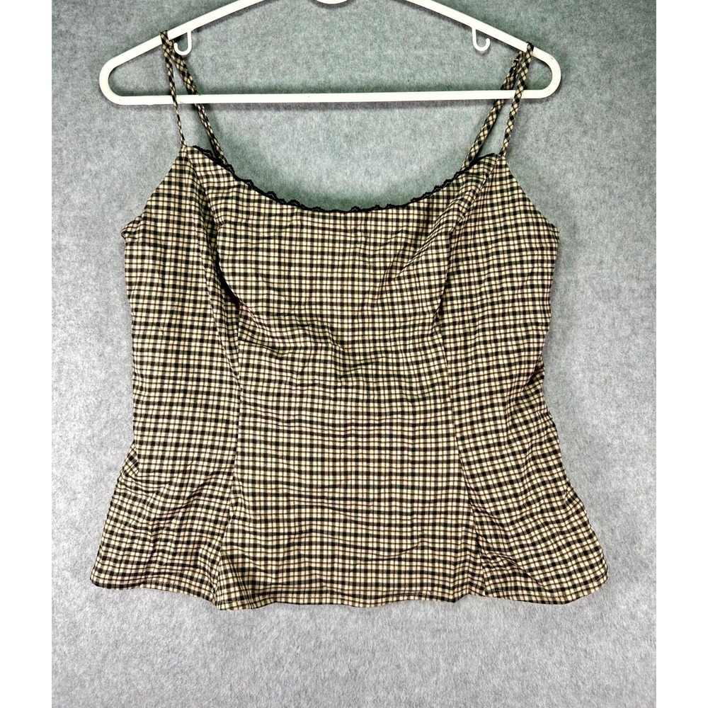 Reformation Camisole Top Womens 10 Beige Black Plaid Square Neck Spaghetti Strap